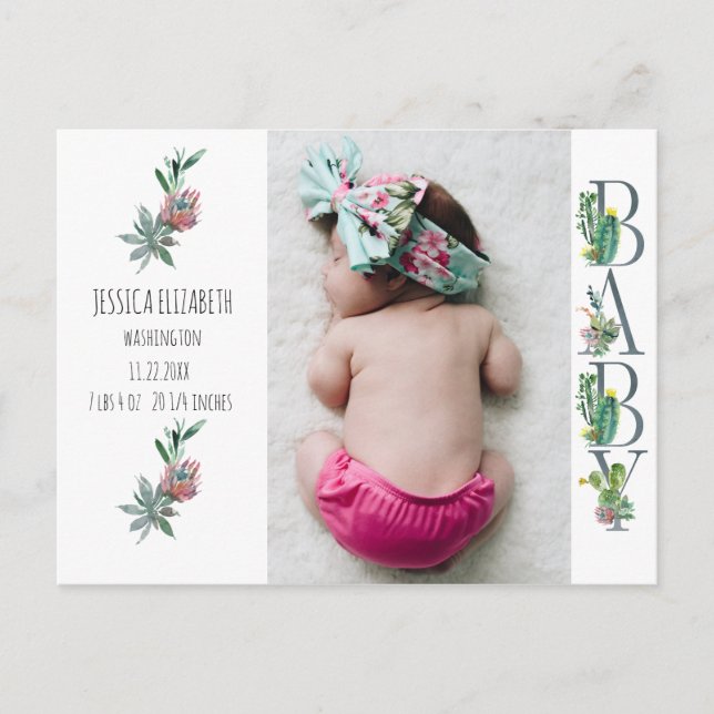 Sweet Cactus Neutral Baby Birth Photo Announcement Postcard (Front)