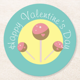 Sweet Cake Pop Valentines  Pink  Teal Round Paper Coaster