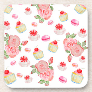 Sweet cakes and roses in watercolour coaster