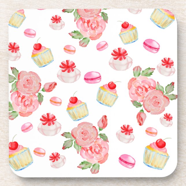Sweet cakes and roses in watercolour coaster (Front)