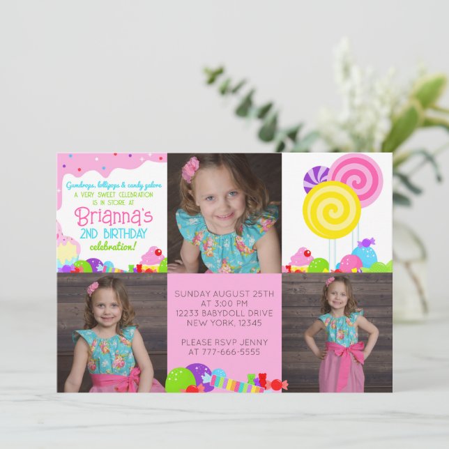 Sweet Candy 3 Photo Birthday Invitation (Standing Front)