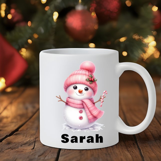 Sweet Candy Cane Pink Snowman Christmas Coffee Mug (Sweet Candy Cane Pink Snowman Christmas Coffee Mug)
