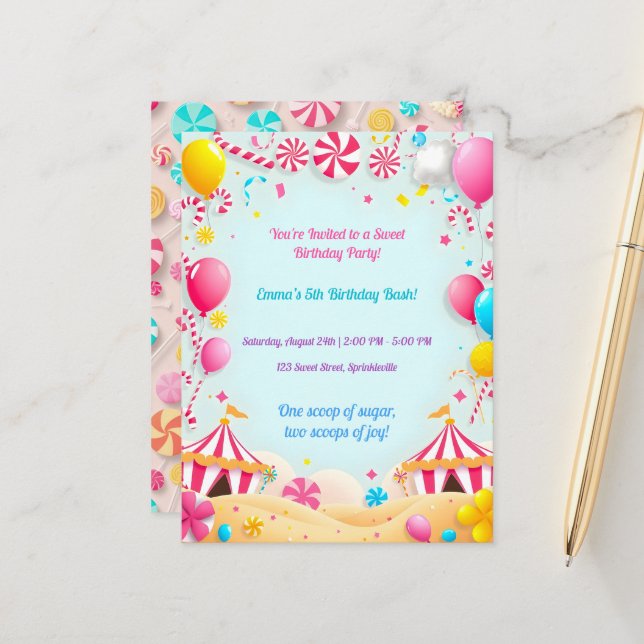 Sweet Candy Carnival Birthday Party Invitation Postcard (Front/Back In Situ)