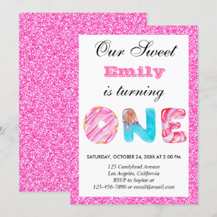 Sweet Candy Hot Pink Glitter First Birthday One Invitation