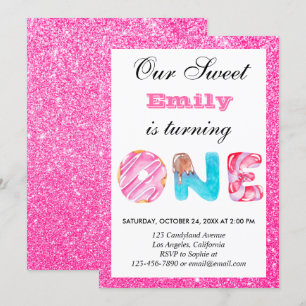 Sweet Candy Hot Pink Glitter First Birthday One Invitation