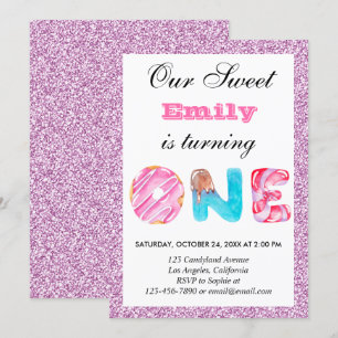 Sweet Candy Pink Lilac Glitter First Birthday One Invitation