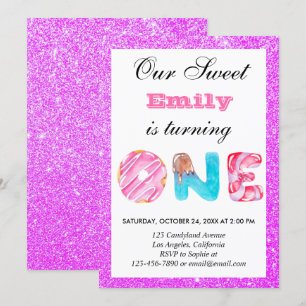 Sweet Candy Pink Purple Glitter First Birthday One Invitation