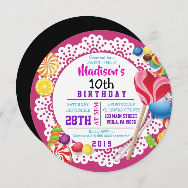 SWEET CANDY ROUND Birthday Party Invitation (Front/Back)