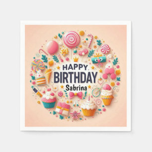 Sweet Candyland Cupcake & Lollipop Happy Birthday Napkin