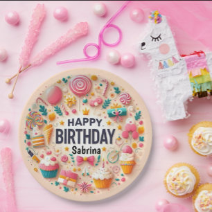 Sweet Candyland Cupcake & Lollipop Happy Birthday Paper Plate