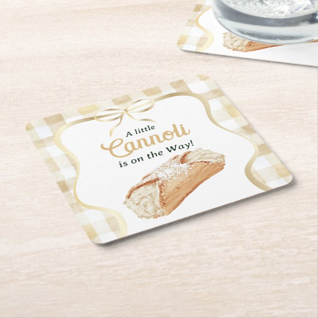 Sweet Cannoli Neutral Beige Italian Baby Shower Square Paper Coaster (Angled)