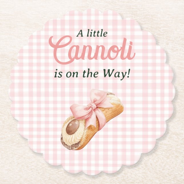 Sweet Cannoli Pink Bow Girl Italian Baby Shower Paper Coaster (Front)