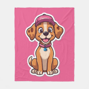 Sweet Cartoon Dog – Happy Puppy in Cap Sticker Fleece Blanket