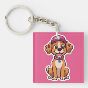 Sweet Cartoon Dog – Happy Puppy in Cap Sticker Key Ring