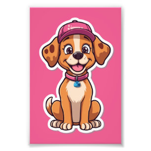 Sweet Cartoon Dog – Happy Puppy in Cap Sticker Photo Print