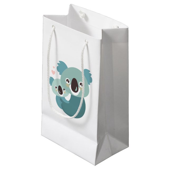 Sweet cartoon koala mother and baby hugging small gift bag (Front Angled)
