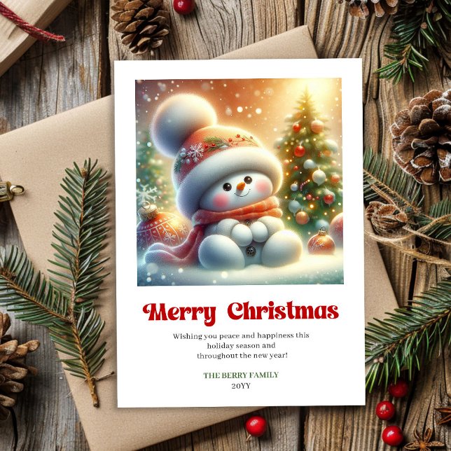 Sweet cartoon snowman festive red green gold card (Sweet cartoon snowman festive red green gold digital)