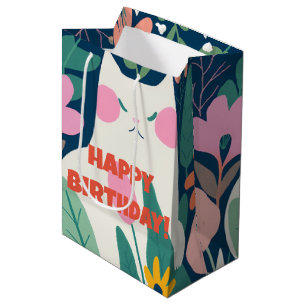 Sweet Cat and Flowers Happy Birthday Medium Gift Bag