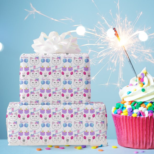 Sweet Cat Faces Happy Birthday Celebration Wrapping Paper (Creator Uploaded)