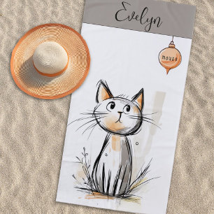 Sweet Cat Illustration Personalised Beach Towel