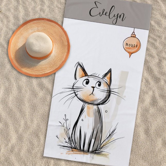 Sweet Cat Illustration Personalised Beach Towel (Cute cat and mouse illustration)