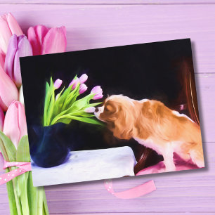 Sweet Cavalier King Charles & Pink Tulips Postcard