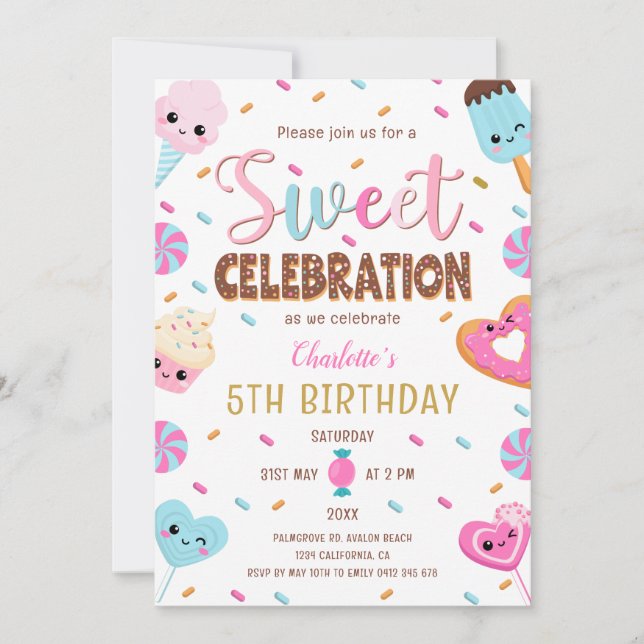 Sweet celebration Doughnut Candy Ice cream Birthda Invitation (Front)