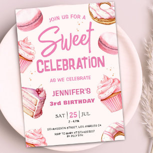 Sweet Celebration Doughnuts Pink Girl 3rd Birthday Invitation