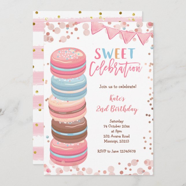 Sweet Celebration Macaroon Girl Birthday Party Invitation (Front/Back)