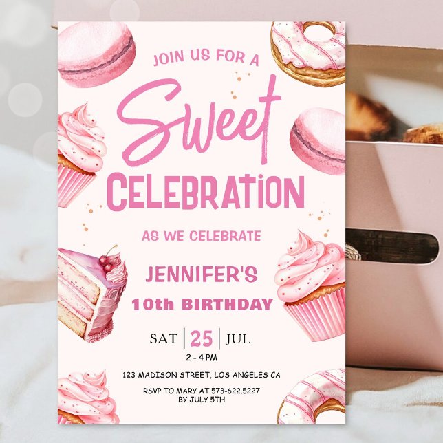 Sweet Celebration Pink Doughnuts Girl 10th Birthda Invitation (Creator Uploaded)