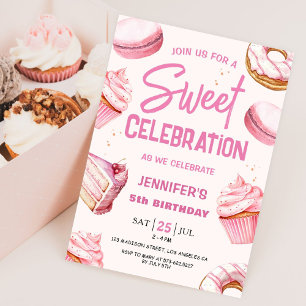 Sweet Celebration Pink Doughnuts Girl 5th Birthday Invitation