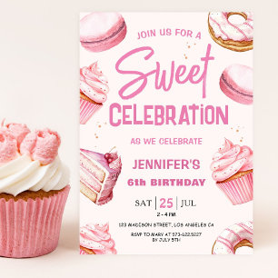 Sweet Celebration Pink Doughnuts Girl 6th Birthday Invitation