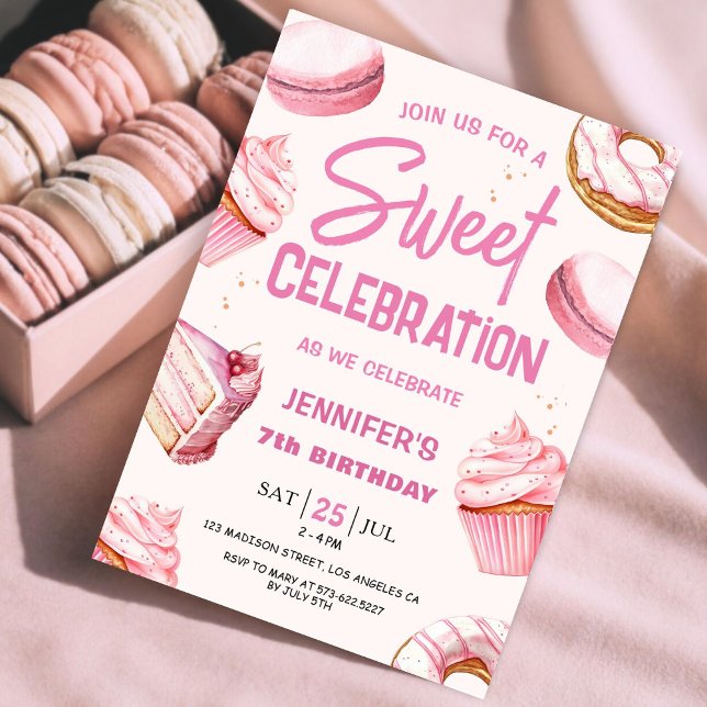 Sweet Celebration Pink Doughnuts Girl 7th Birthday Invitation (Creator Uploaded)
