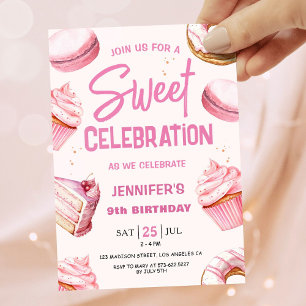Sweet Celebration Pink Doughnuts Girl 9th Birthday Invitation