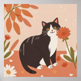 Sweet Charming Kitty with Flowers Poster