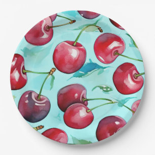 Sweet cherries colourful watercolor cherry art paper plate
