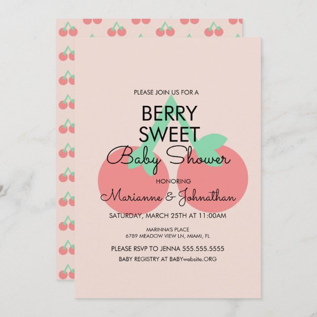 Sweet Cherries Fruit Pink Baby Shower Invitation (Front/Back)