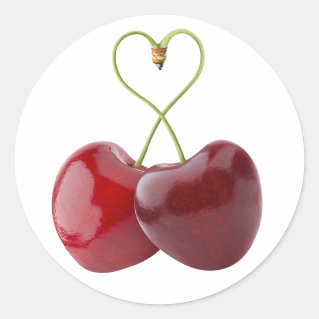 Sweet cherries with heart classic round sticker (Front)