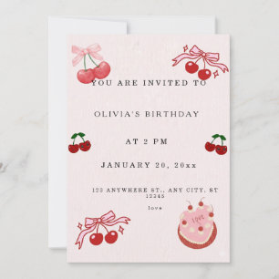Sweet Cherry Birthday Invitation   Cute Pink Girl 