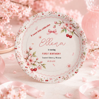 Sweet Cherry Blossom 1st Birthday girl Party Paper Plate