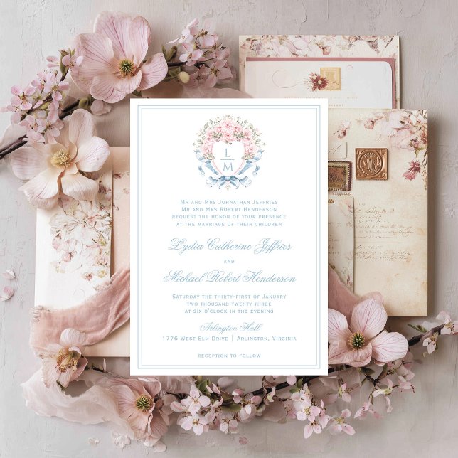 Sweet Cherry Blossom Crest  | Monogram Wedding Invitation (Creator Uploaded)