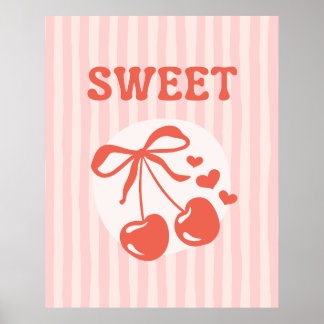 Sweet Cherry Coquette Pink Striped Girls Poster