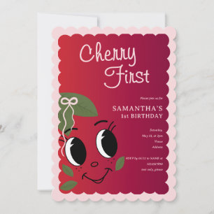 Sweet Cherry First Girl Cute Cartoon 1st Birthday Invitation