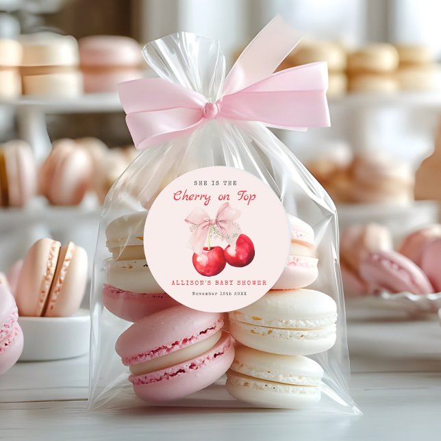 Sweet Cherry On Top Baby Shower Girl Classic Round Sticker (Cherry on Top Baby Shower Girl Favor Stickers)