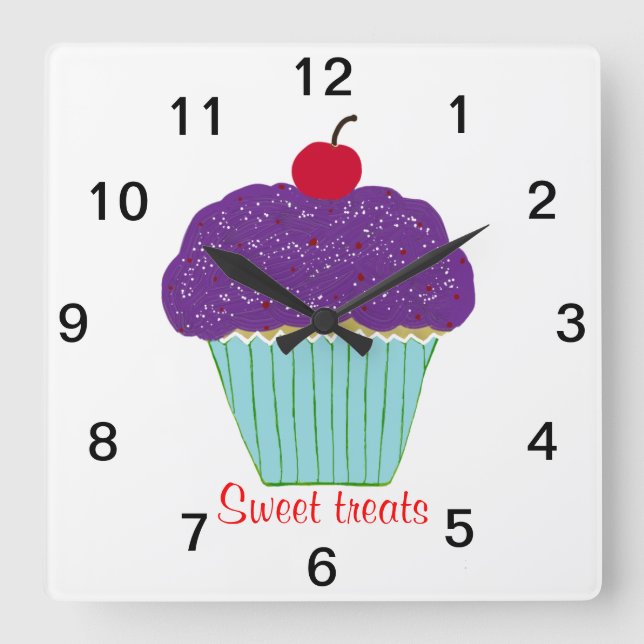 Sweet Cherry on Top Purple Frosting Cupcake Square Wall Clock (Front)