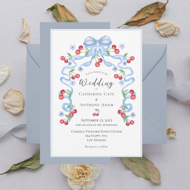 Sweet Cherry & Ribbons Watercolor Wedding Invitation (Creator Uploaded)