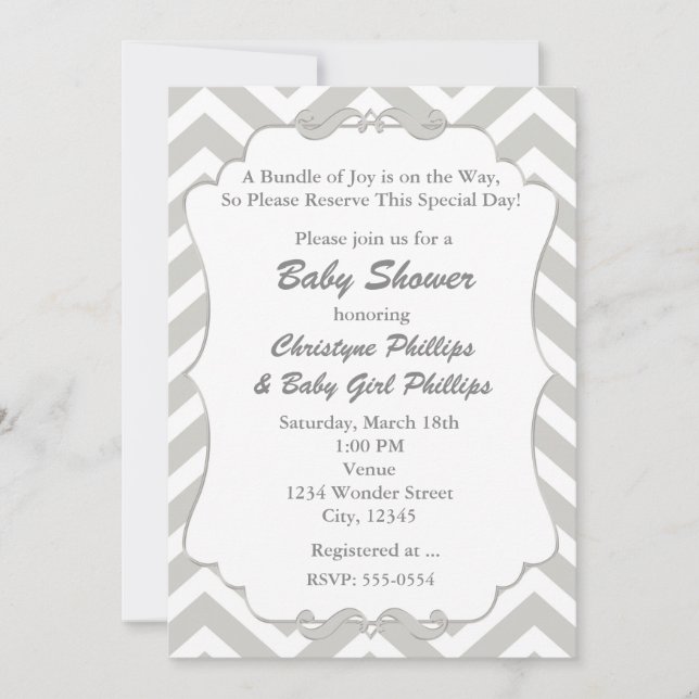 Sweet Chevron White & Grey Baby Shower Invitation (Front)
