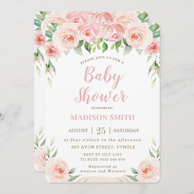 Sweet Chic Blush Pink Floral Greenery Baby Shower Invitation (Front/Back)