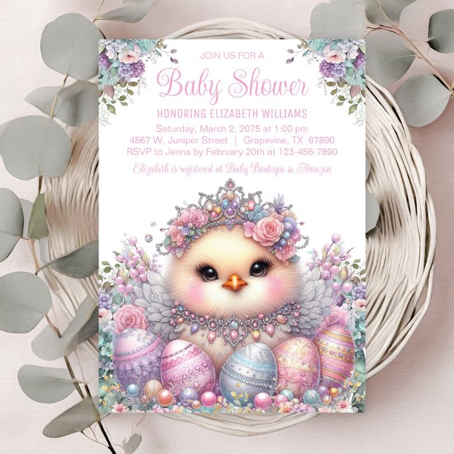 Sweet Chick Easter Eggs Baby Shower Invitation (Sweet baby chick with pretty pastel jewels & eggs. )