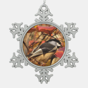 Sweet Chickadee Bird in Pink and Red Autumn Leaves Snowflake Pewter Christmas Ornament